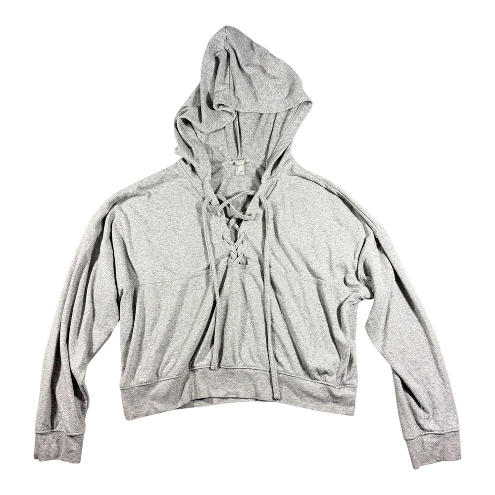 Forever 21 Lace Up Hoodie Women Large Gray Cropped Long Sleeve Sweatshirt